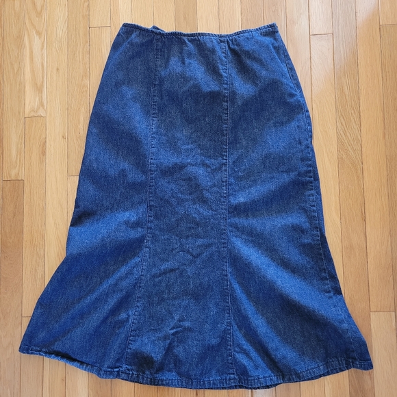 Vintage 90s dark wash denim high rise midi jean skirt Simon Chang 10 - Picture 2 of 7
